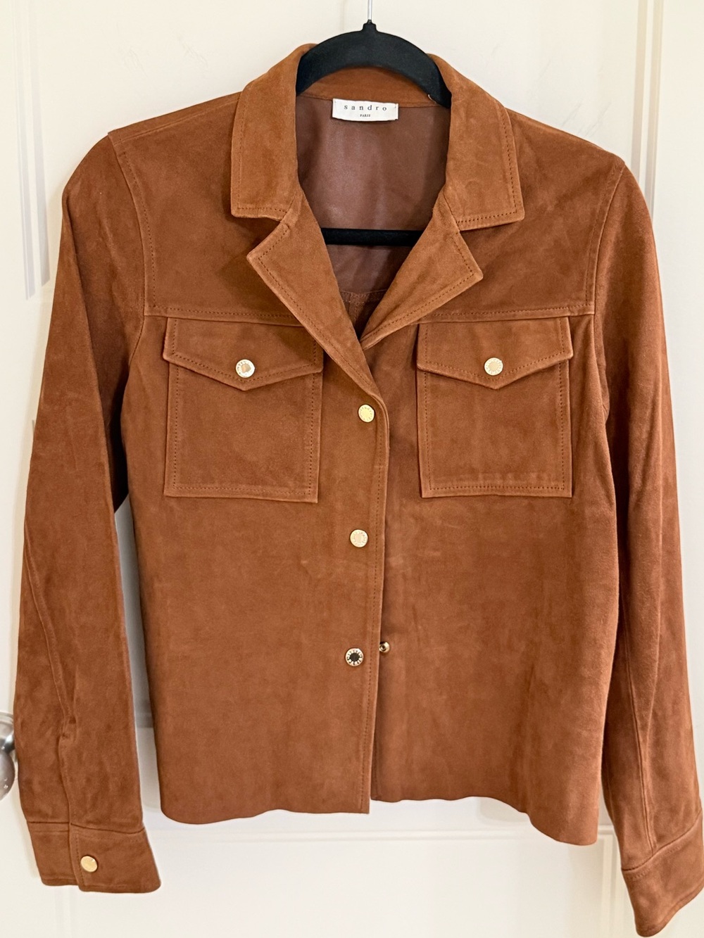 Sandro Chest-Pocket Suede Jacket in Cognac Brown